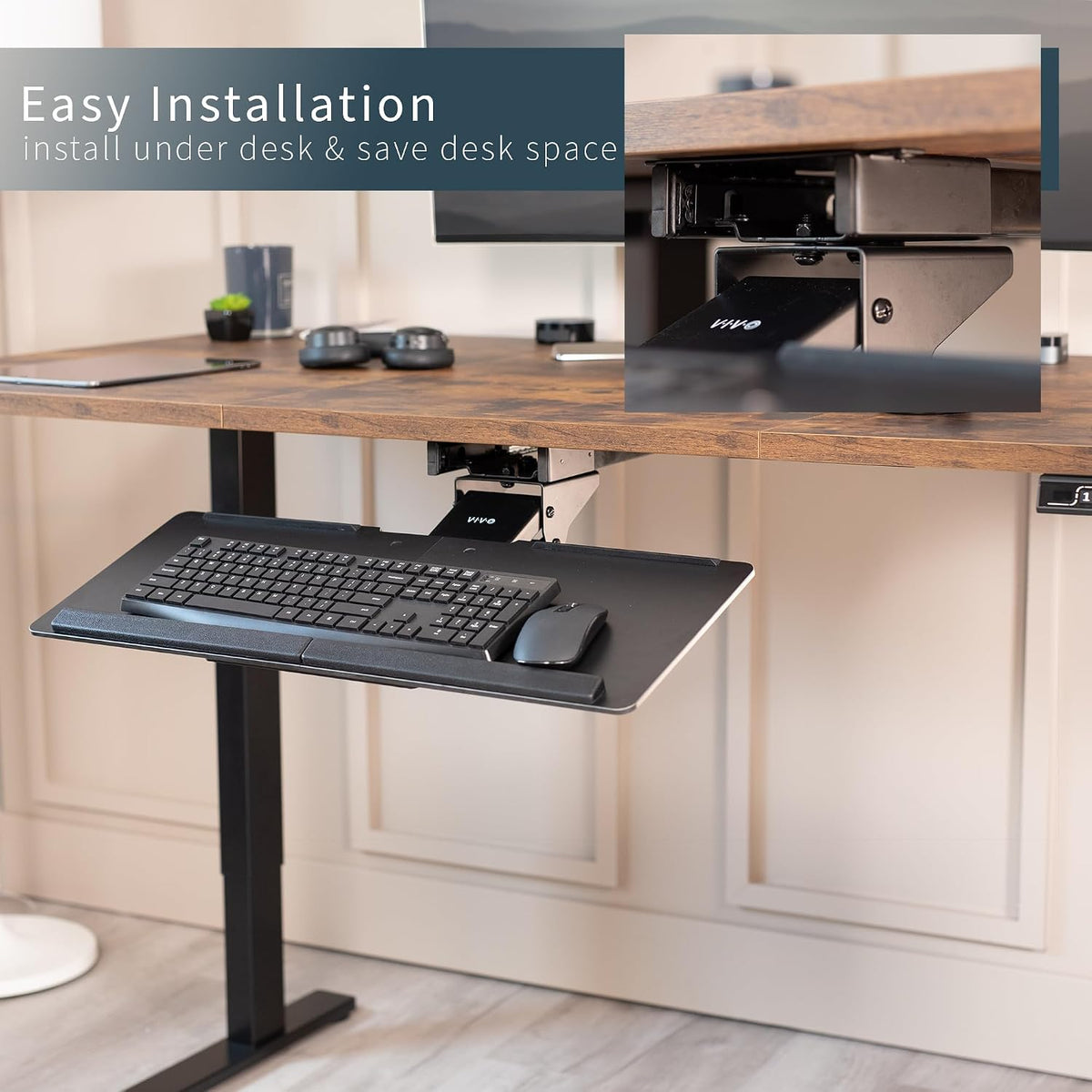 VIVO Adjustable Computer Keyboard and Mouse Platform Tray Deluxe Smooth Rolling Track Under Table Desk Mount, Black, MOUNT-KB04C