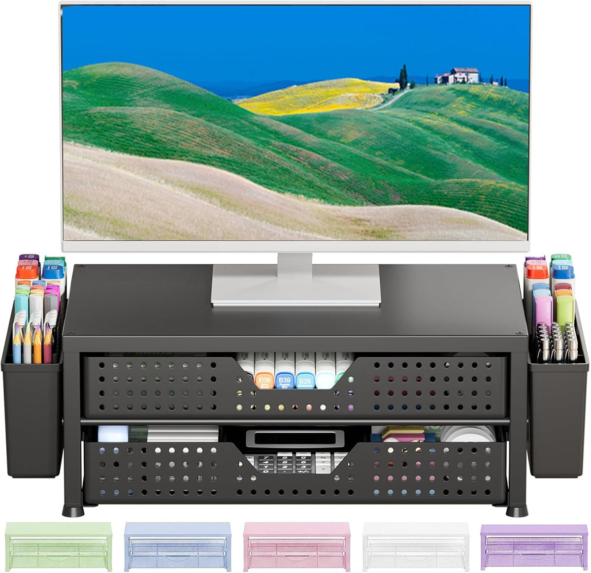 Desk Organizers and Accessories, Computer Monitor Stand Riser with Drawer and 2 Pen Holders, Printer & Laptop Stand, Office Desk Accessories & Workspace Organizers for Home Office Supplies, Black