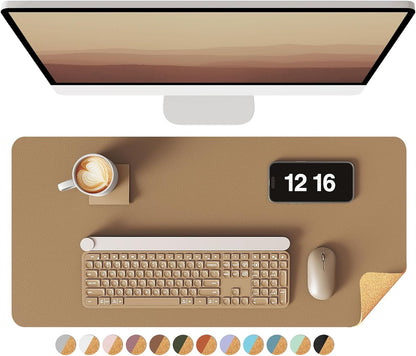 Double-Sided Desk Pad, 31.5"x15.7"Leather Desk Mat, Eco Cork Desk Pad Protector,Large Mouse Pad,Waterproof Desk Blotter for Office/Home(Coffee)