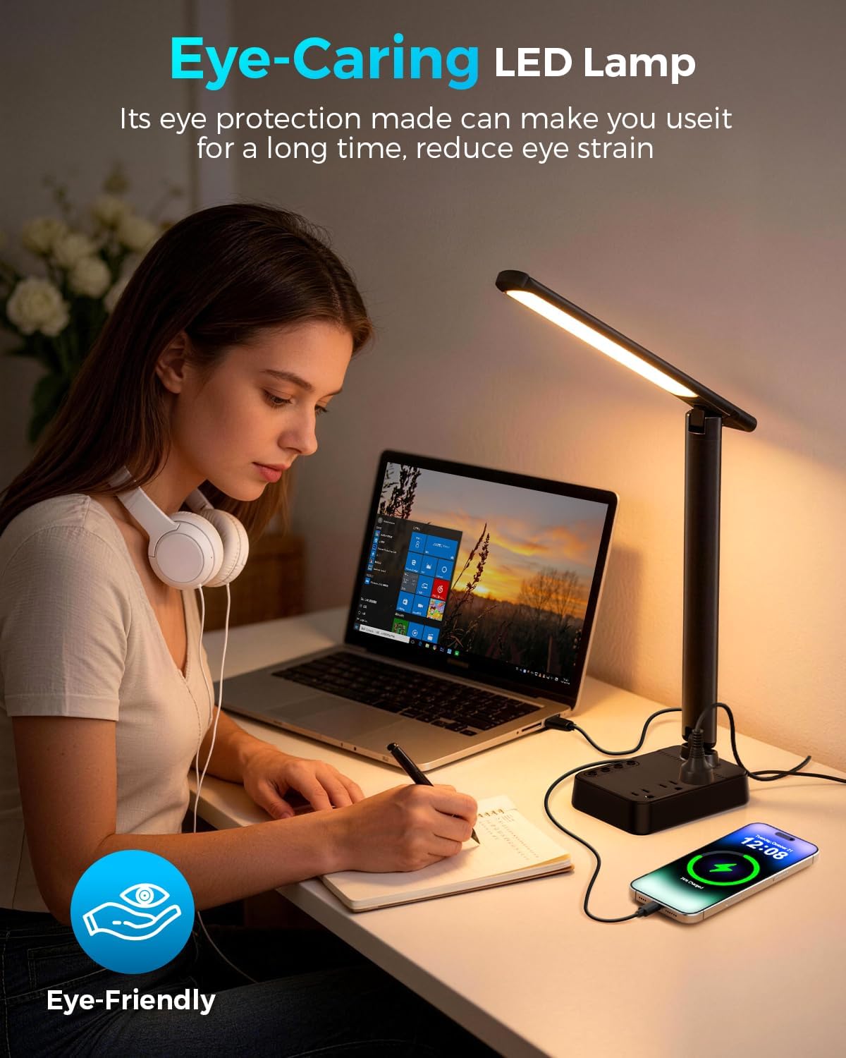 LED Desk Lamp with Power Strip, 3 AC Outlets & 4 USB Ports (2 USB-C), Stepless Dimming & 2800K-6500K Eye-Caring Desk Light, Foldable Table Lamp with 5FT Cord for Home Office, Dorm Room Essentials