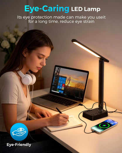 LED Desk Lamp with Power Strip, 3 AC Outlets & 4 USB Ports (2 USB-C), Stepless Dimming & 2800K-6500K Eye-Caring Desk Light, Foldable Table Lamp with 5FT Cord for Home Office, Dorm Room Essentials