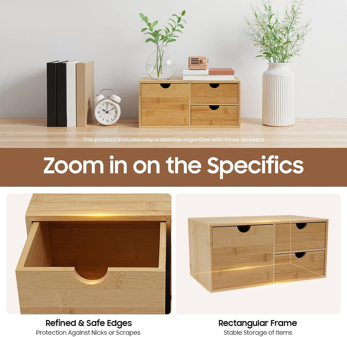 Desk Organizer, Office Vanity Bamboo Desk Organizer, Mini Bamboo Desk Drawer Tabletop Storage Box with 2 Drawer Night Stand Table Organizer for Makeup Vanity Office Supplies (2 Drawer)