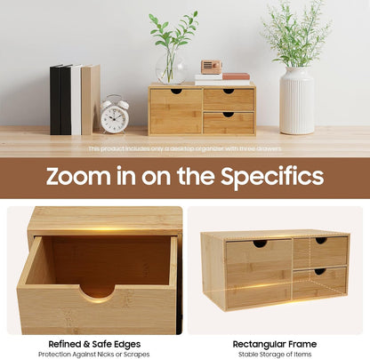 Desk Organizer, Office Vanity Bamboo Desk Organizer, Mini Bamboo Desk Drawer Tabletop Storage Box with 2 Drawer Night Stand Table Organizer for Makeup Vanity Office Supplies (2 Drawer)