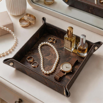 Valet Tray Desktop Storage Organizer – Vegan Leather Catchall Bedside Vanity Tray Nightstand Caddy Holder for Remote Controller, Watch, Keys, Phone, Wallet, Coin, Jewelry (Orange/Black)