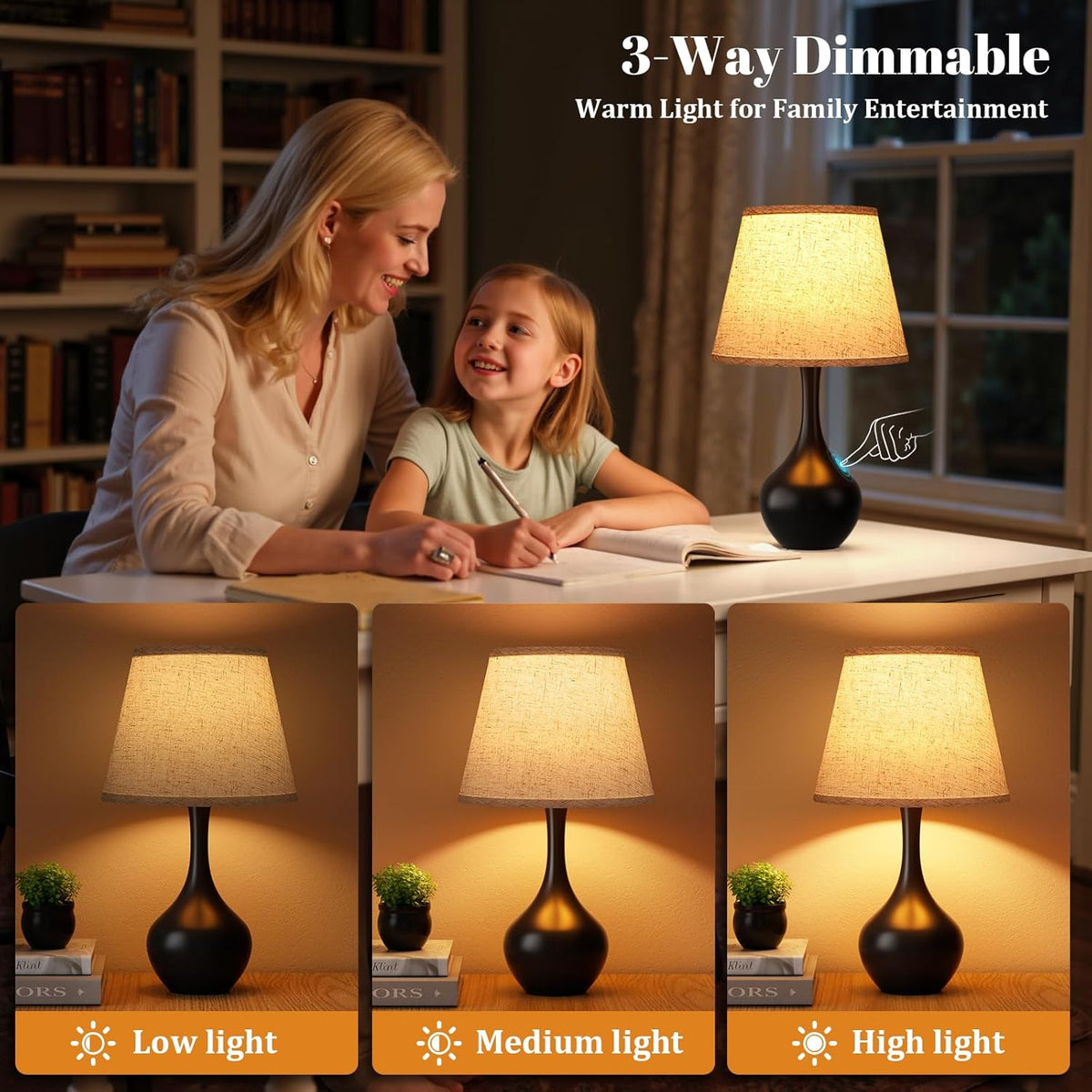 Seealle Touch Table Lamp for Bedroom, 3-Way Dimmable Small Bedside Lamps for Night Stands with Wires, Wood-Paint Desk Lamp for Kids Room, Office, Living Room, End Table(LED Bulb Included)