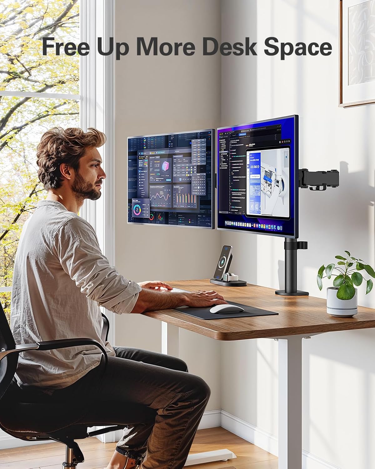 HUANUO Dual Monitor Mount up to 32 Inch Screens, Heavy-Duty Steel Dual Monitor Stand, Full Motion Adjustable Arm with Tilt, Swivel, Rotate, Holds up to 17.6 lbs per Arm, VESA 75/100mm