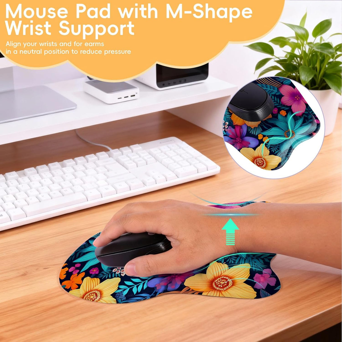 Wrist Support Mouse Pad Anti Slip Rubber Wrist Rest Mousepad 9in X 8in Small Desktop Notebook Mouse Mat for Working and Gaming (M-Pink Floral)