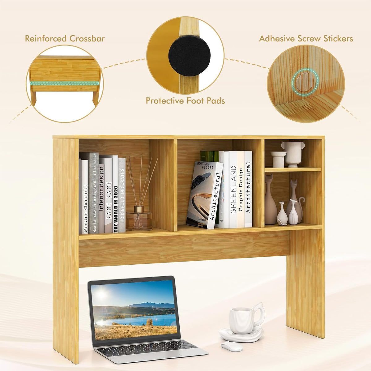 Desktop Bookshelf, Countertop Storage Hutch with 5 Shelves for Computer Desk, Desk 3-Tier Display Rack, Multipurpose Wood Desktop Hutch Storage Organizer for Dorm Office Home