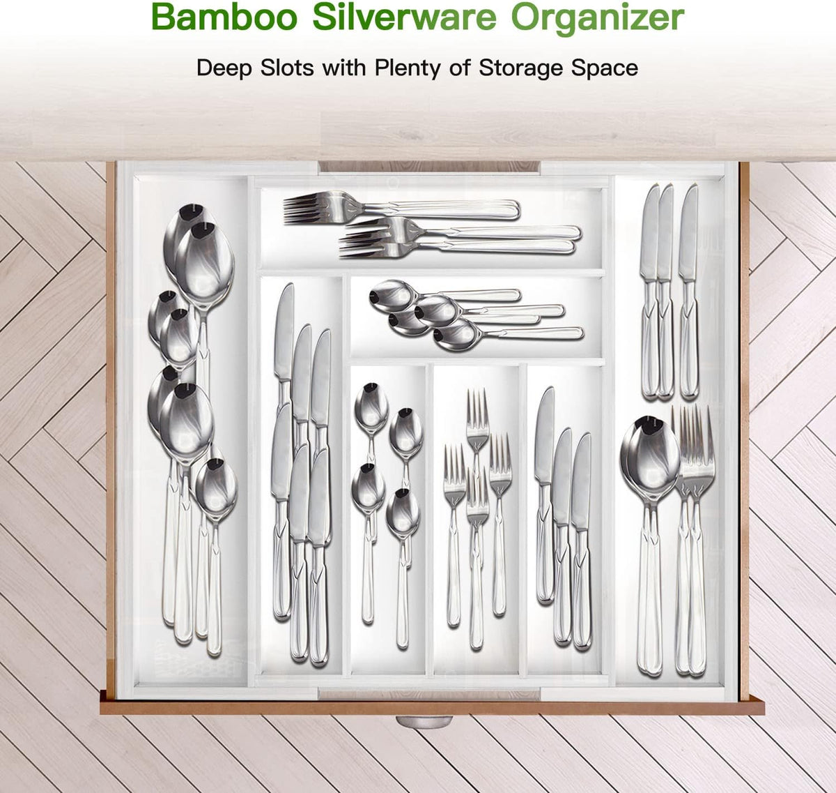 Pipishell Bamboo Expandable Silverware Drawer Organizer, Adjustable Kitchen Utensil Tray for Forks, Spoons and Knives, Wood Storage Cutlery Holder for Bedroom and Living Room
