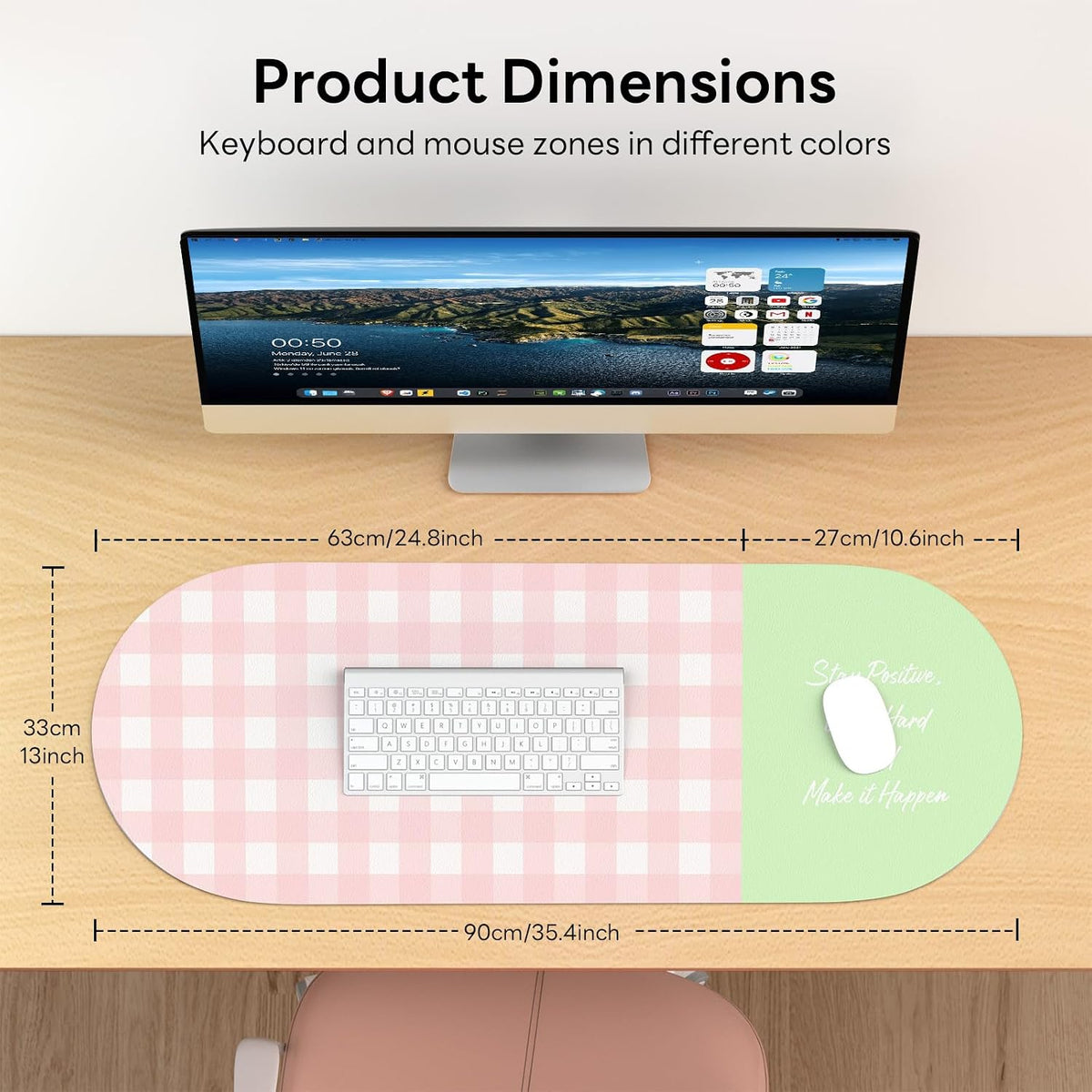 Checkered Pattern Desk Pad Protector, 35.5 x 13'' Aesthetic Mouse Mat for Desktop, Waterproof PU Leathe Non-Slip Desk Writing Pad for Office and Home, Green and Purple