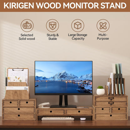 KIRIGEN Wood Monitor Stand with 2 Drawers, Solid Wood Computer Monitor Riser for Desk, Desktop Organizer Shelf with Cable Management, Pen Slots, Brown, No Assembly PMJ-DBR
