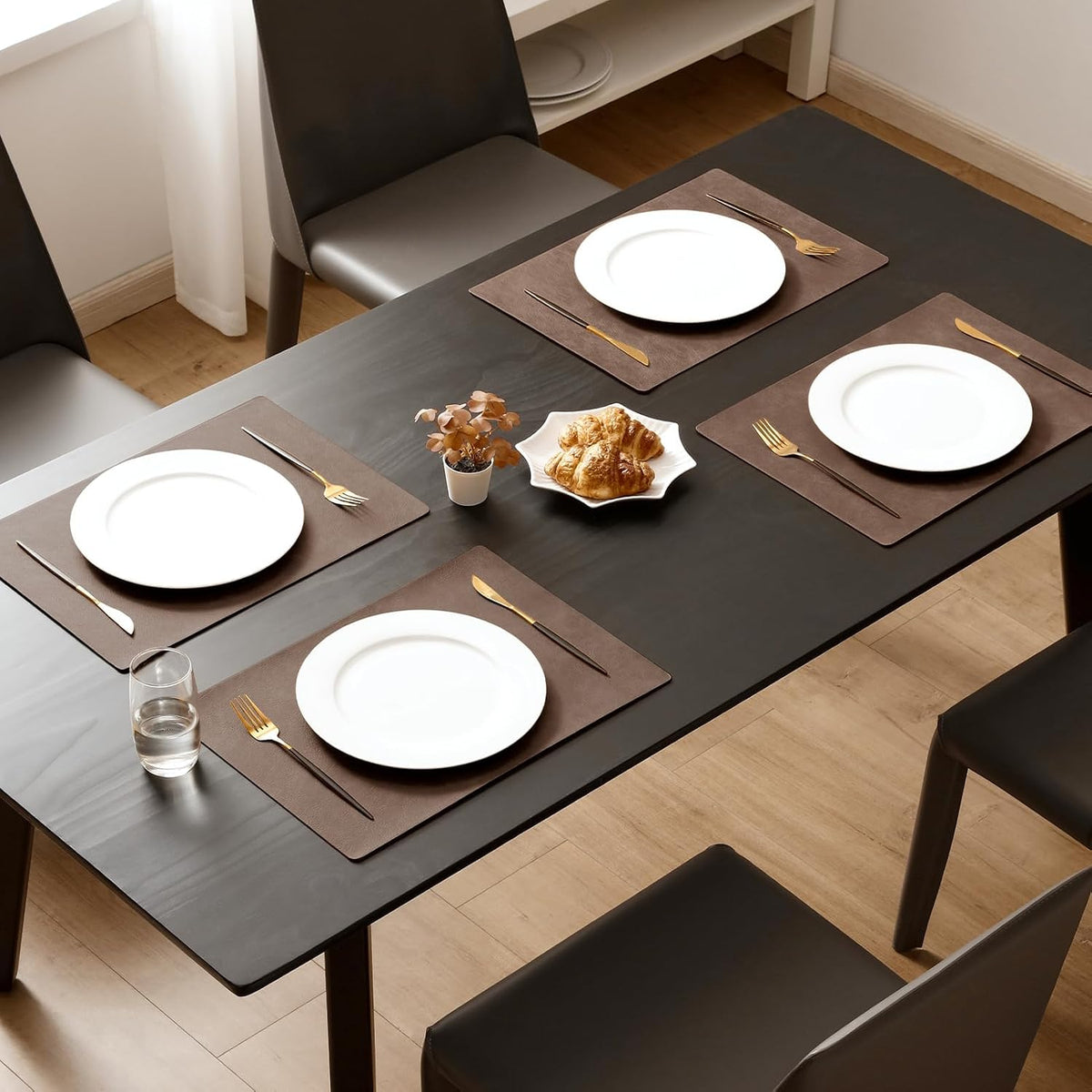 MOSAYT Vinyl Placemats Set of 6-12 X 17 Inch - Faux Leather 100% Waterproof Oil-Proof Wipeable PU Place Mats, Heat Resistant Reversible Table Mats for Kitchen, Dining, Outdoor, Reddish Brown