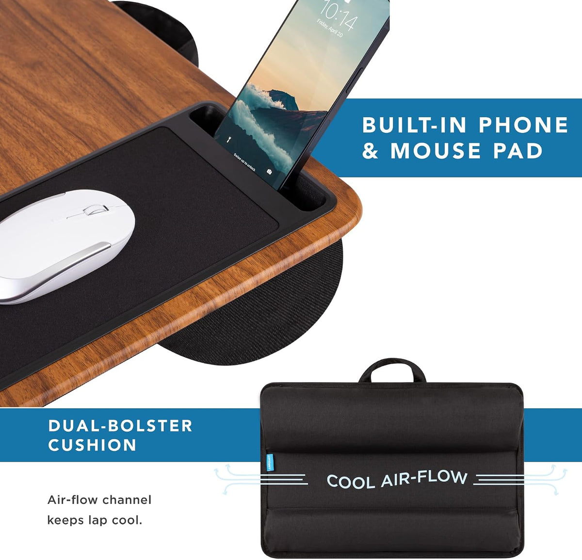 LAPGEAR Home Office Pro Lap Desk with Wrist Rest, Mouse Pad, and Phone Holder - Black Carbon - Fits up to 15.6 Inch Laptops - Style No. 91598
