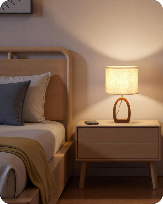 Small Table Lamp, 14.2" Cute Little Desk Lamp, Wood Bedside Lamp with Linen Lampshade, Modern Nightstand Lamp for Bedroom, E26 Base, Bulb Not Included, Beige and Dark Natural LE07TL05