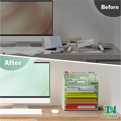 Docnest 5 Tier Mesh Desk Organizer for Paper Office Supplies – Multi-Functional Letter Tray with 5 Adjustable Compartments, 3 Pen Holders, Desktop Storage for Files, Mail, Stationery – Black