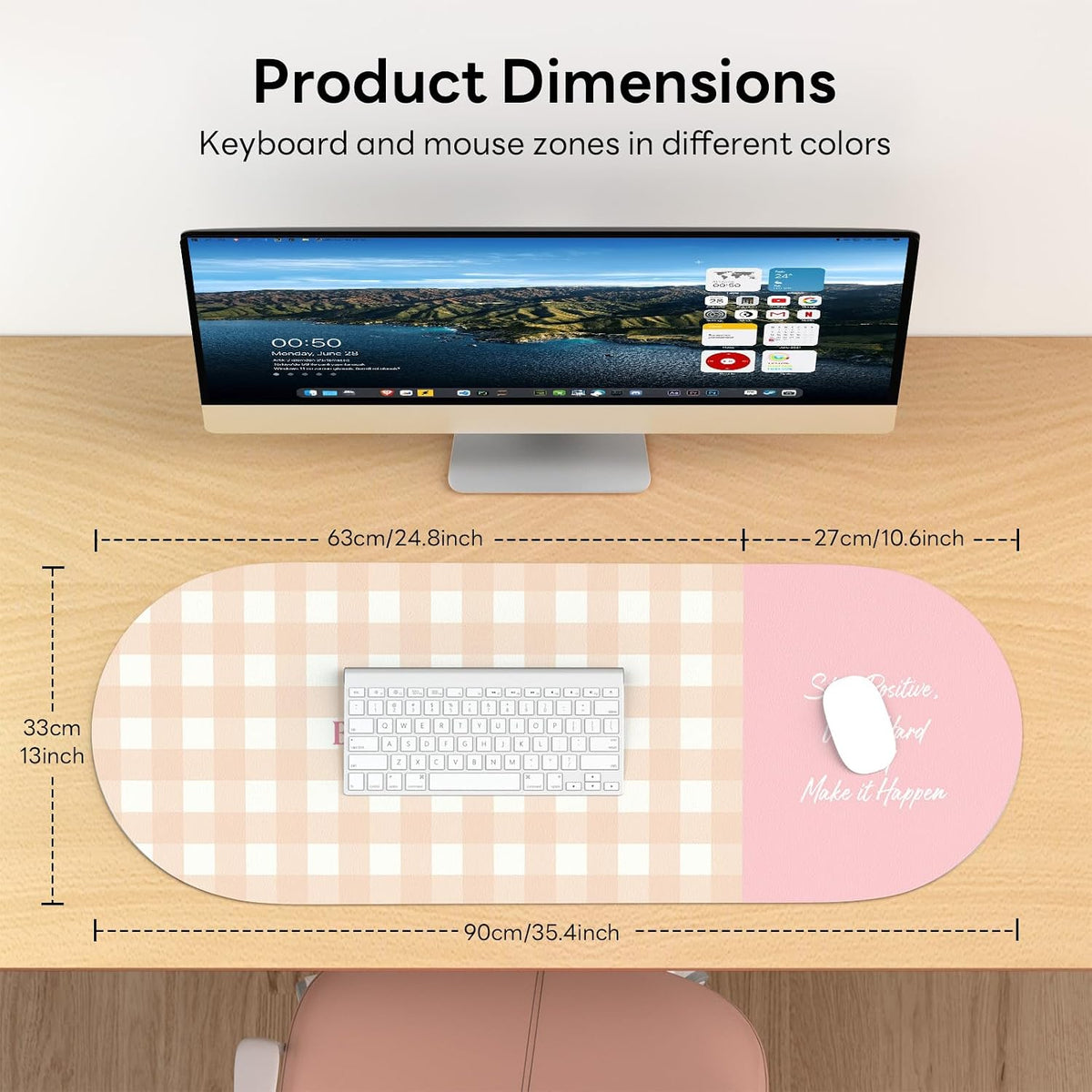 Checkered Pattern Desk Pad Protector, 35.5 x 13'' Aesthetic Mouse Mat for Desktop, Waterproof PU Leathe Non-Slip Desk Writing Pad for Office and Home, Green and Purple