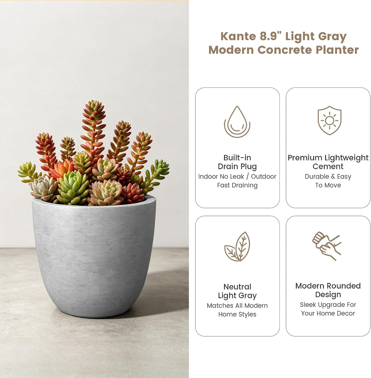 Kante 8.9" H x 10" W Small Concrete Planter, Compact Desktop Plant Pot with Drainage Hole & Rubber Plug – Lightweight Breathable Cement Container for Succulents, Cactus, Herbs, Indoor Outdoor, Gift