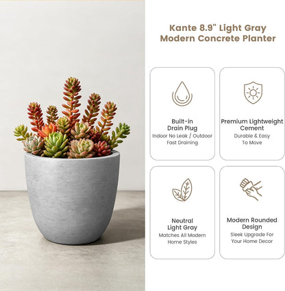Kante 8.9" H x 10" W Small Concrete Planter, Compact Desktop Plant Pot with Drainage Hole & Rubber Plug – Lightweight Breathable Cement Container for Succulents, Cactus, Herbs, Indoor Outdoor, Gift