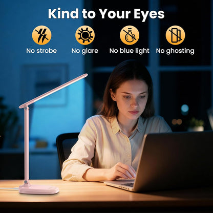 Desk Lamp with Charger, 10%-100% Stepless Dimmable & 5 Color Modes Study Lamp, Touch Control, 30-/60-minute Timer, USB Charging Output Port, CRI≥90, Eye-Caring Foldable LED Desk Lamps for Home Office