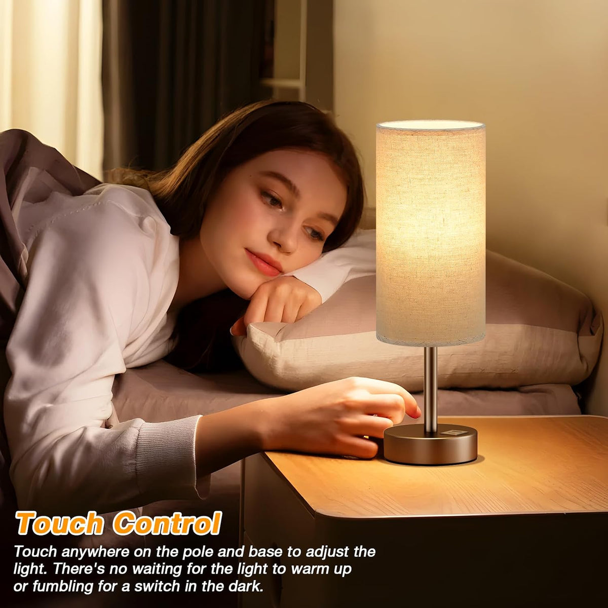 Dicoool Bedside Table Lamp for Bedroom - 3-Way Dimmable Touch Lamp, USB A+C