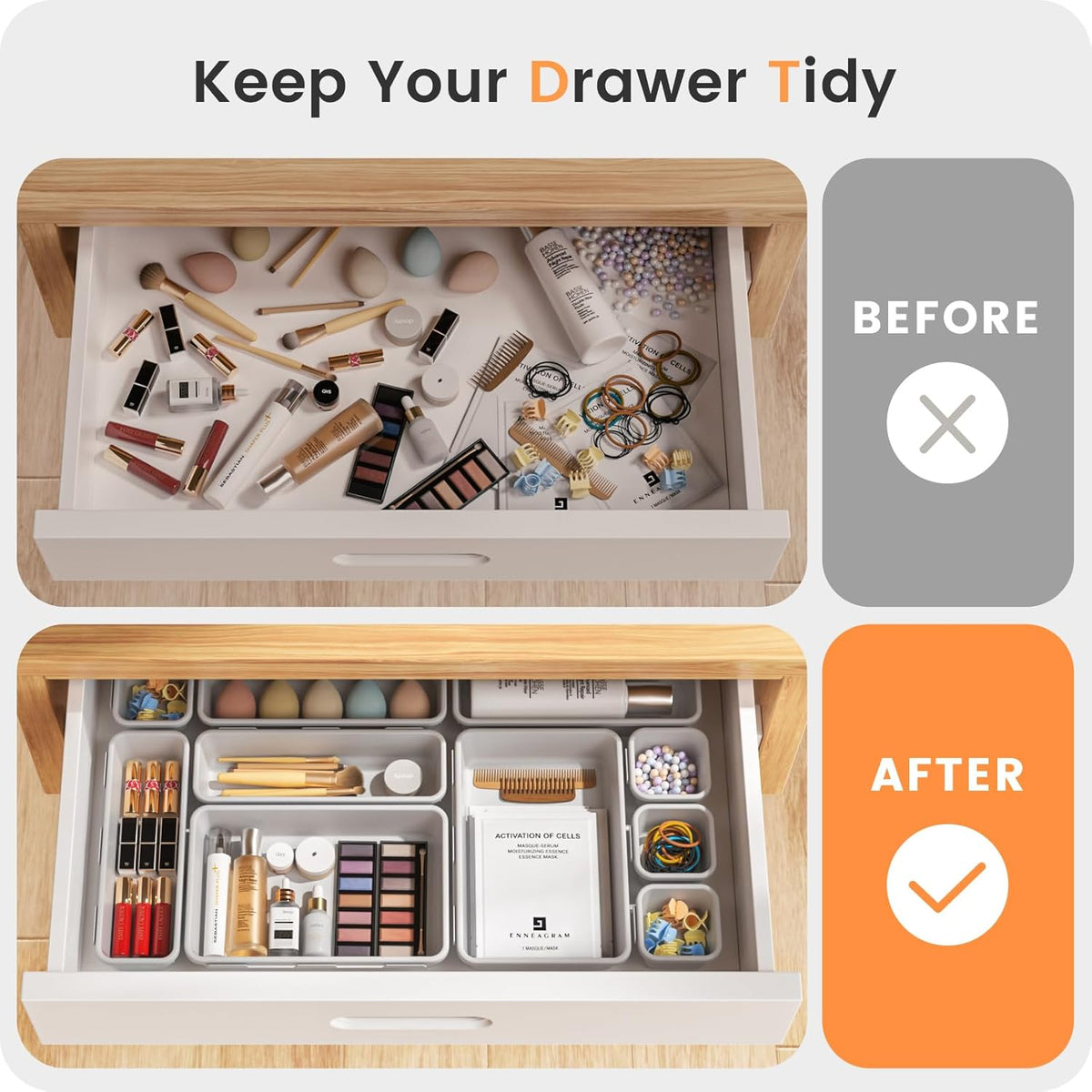 A-LuGei 【Military Grade】 Drawer Organizer, 【𝟱𝗦𝗶𝘇𝗲】 Makeup organizer, 【Holds 177 Items】 Bathroom Organizers and Storage, Organization and Storage, Desk Drawer Organizer for Vanity (Clear)