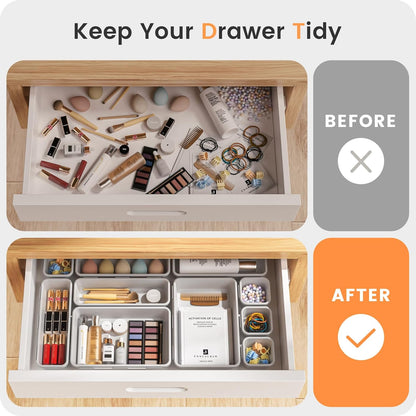 A-LuGei 【Military Grade】 Drawer Organizer, 【𝟱𝗦𝗶𝘇𝗲】 Makeup organizer, 【Holds 177 Items】 Bathroom Organizers and Storage, Organization and Storage, Desk Drawer Organizer for Vanity (Clear)