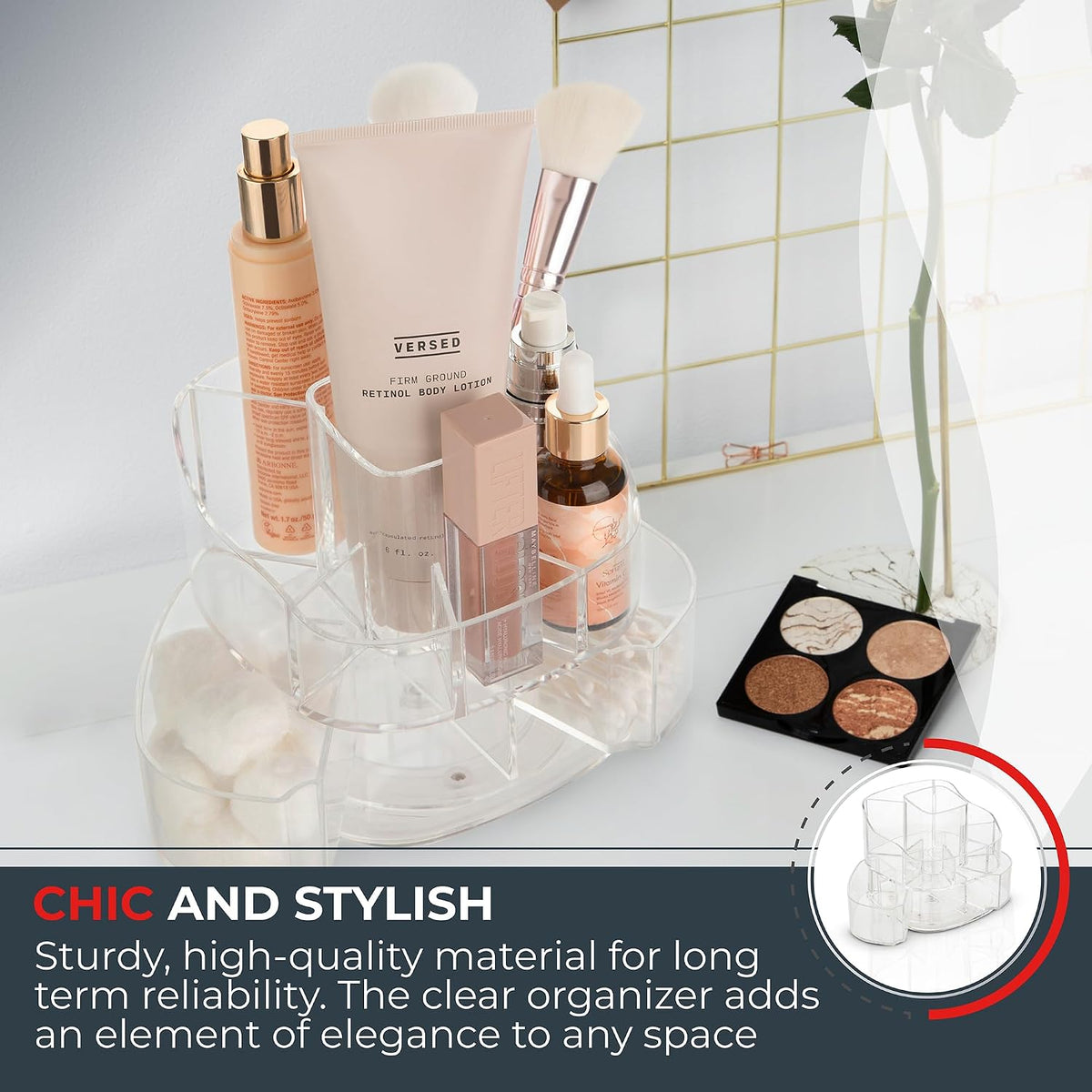 Masirs 360 Rotating Makeup Organizer Countertop - Adjustable Shelf Height - The Perfect Round Spinning Cosmetic Organizer for Bedroom Dresser or Vanity Countertop Storage (Clear)