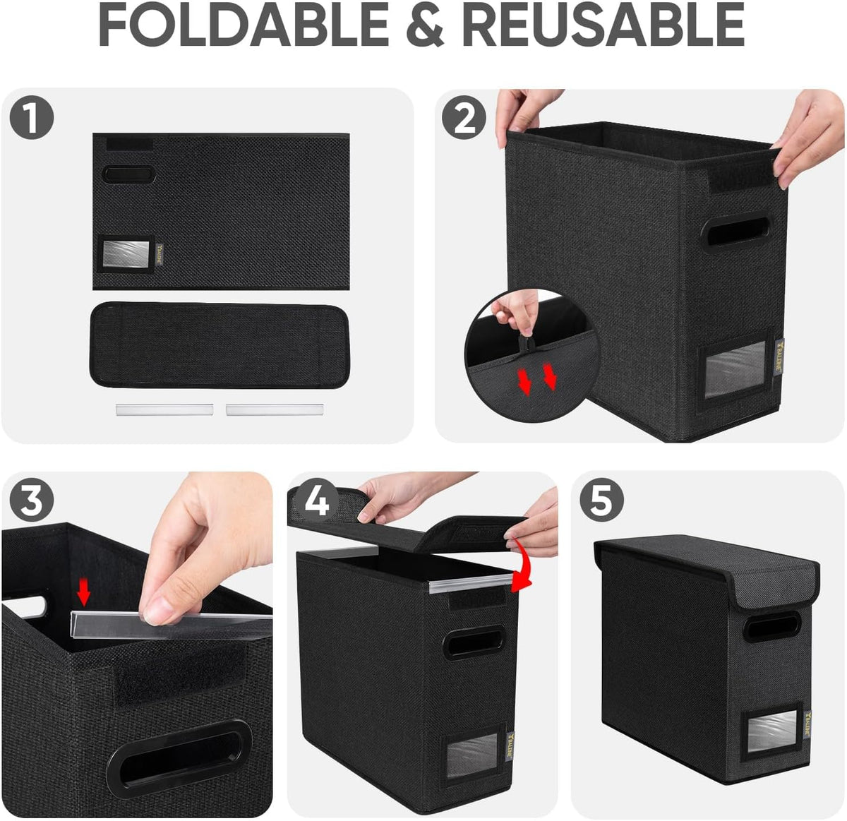 BALEINE File Organizer Box with Lid, Collapsible File Folder Organizer with Plastic Slide, Hanging File Folder Box for Office Document Storage (Black)
