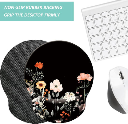 Mouse Pad with Wrist Support, Ergonomic Mouse Pad with Memory Foam Wrist Rest Cushion, Non-Slip Rubber Base Gaming Mice Pad for Home Office Computer Laptop, Flower Black