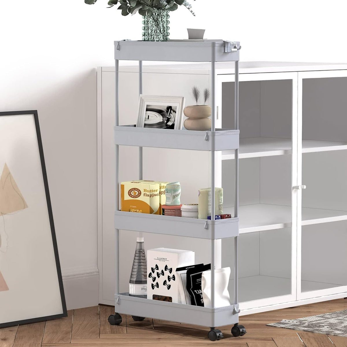 SPACELEAD Slim Storage Cart 4 Tier,Bathroom Organizer Rolling Utility, Mobile Shelving Unit Slide Out for Office, Kitchen, Laundry Room & Narrow Places,White