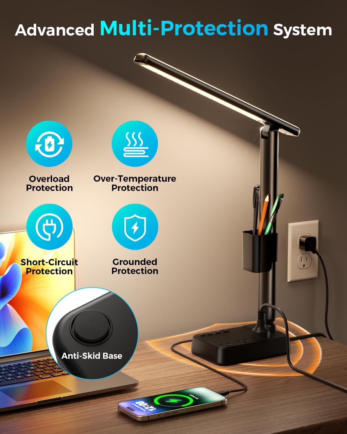 LED Desk Lamp with Power Strip, 3 AC Outlets & 4 USB Ports (2 USB-C), Stepless Dimming & 2800K-6500K Eye-Caring Desk Light, Foldable Table Lamp with 5FT Cord for Home Office, Dorm Room Essentials
