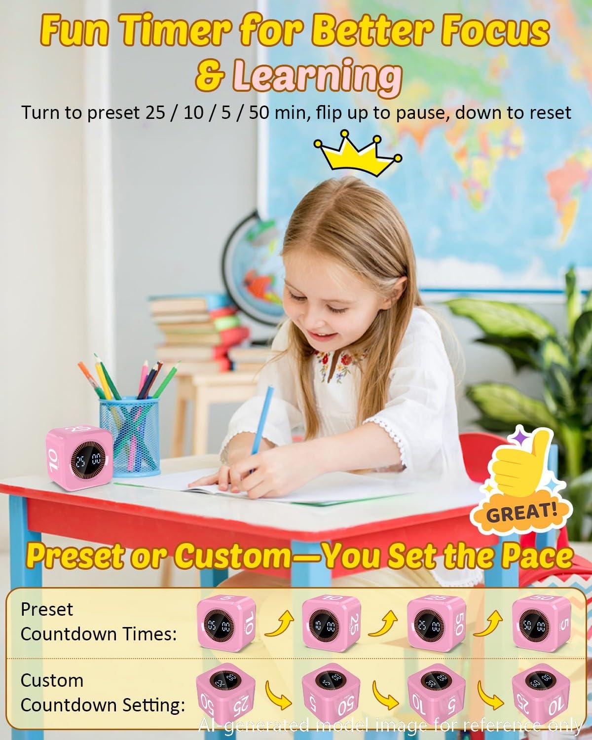 Digital Pomodoro Timer Cube 5/10/25/50min, Visual Productivity Flip Timer for Kids Classroom Desk, Custom Countdown, Silent and Sound Mode for ADHD Study Work Game Kitchen (Purple)