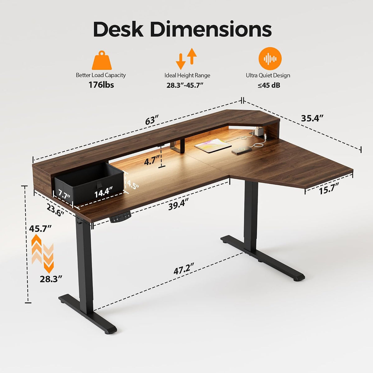 48 * 24 Inch Electric Standing Desk with Shelf & Led, Dark Walnut