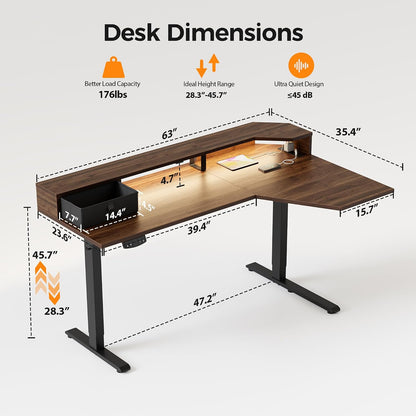 48 * 24 Inch Electric Standing Desk with Shelf & Led, Dark Walnut