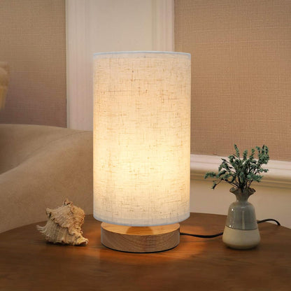 Small Bedside Table Lamp for Bedroom,Natural Round Wood Base&Fabric Linen Shade,Cozy Night Table Light for Study Reading,Minimalist Boho Desk Lamp for Nightstand,Living Room,Nursery,Kitchen,Dorm