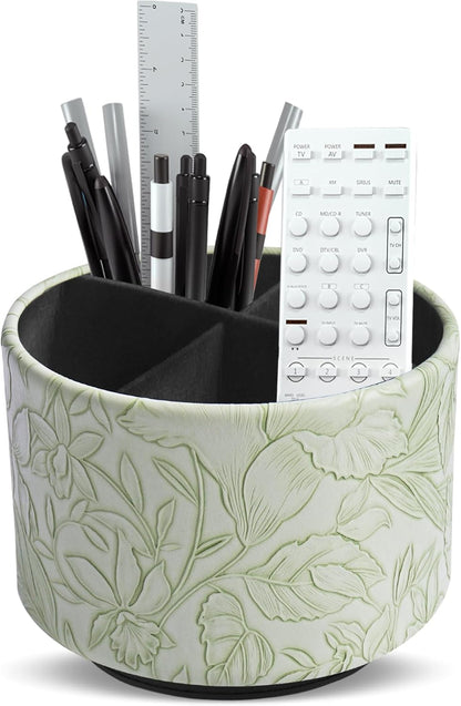 Round Leather Art Supply Organizer,Remote Control Holder,360 Degree Rotating,Multi-Functional Pencil Holder,4 Compartments Desktop Stationary Organizer(1-Blue Bird) - Colors B