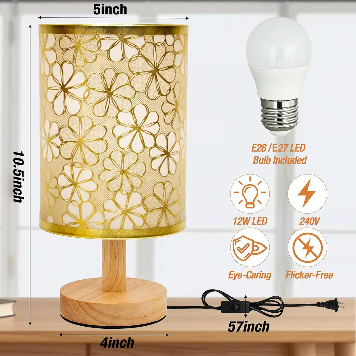 Desk Lamp LED Bulb Included, Small Bedside Table Lamp Plug-in - Classic Wood Base with Flaxen Fabric Shade, Lamps for Night Stands, Simple Nightstand Light for Bedroom, Office, Desk