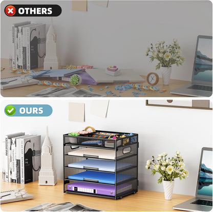 Marbrasse 5 Tier Paper Organizer Letter Tray, Mesh Desk File Organizer with Handle, Paper Sorter Desk Organizer for Home Office Supplies - Black, Adjustable
