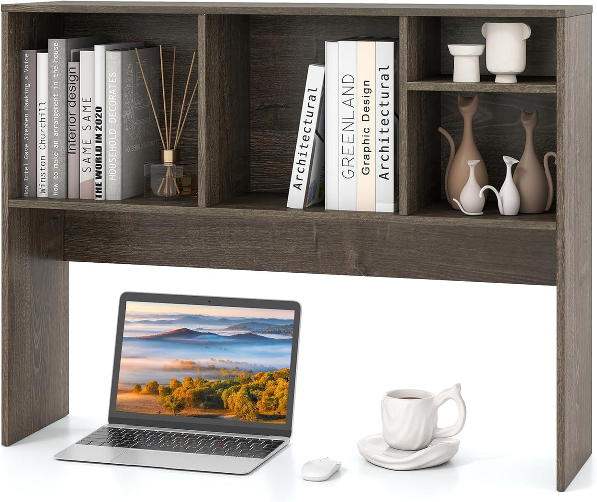 Desktop Bookshelf, Countertop Storage Hutch with 5 Shelves for Computer Desk, Desk 3-Tier Display Rack, Multipurpose Wood Desktop Hutch Storage Organizer for Dorm Office Home