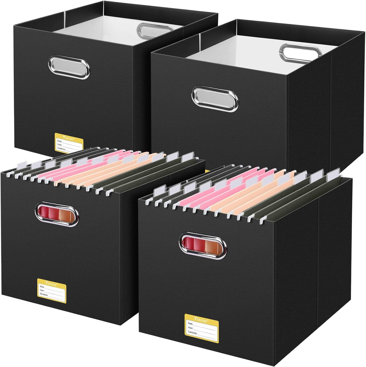 BALEINE File Organizer Box, Cardboard File Folder Organizer with Handle for Letter Size, Portable Collapsible Hanging Filing Box for Home Office Document Storage (2 Pack, Black)