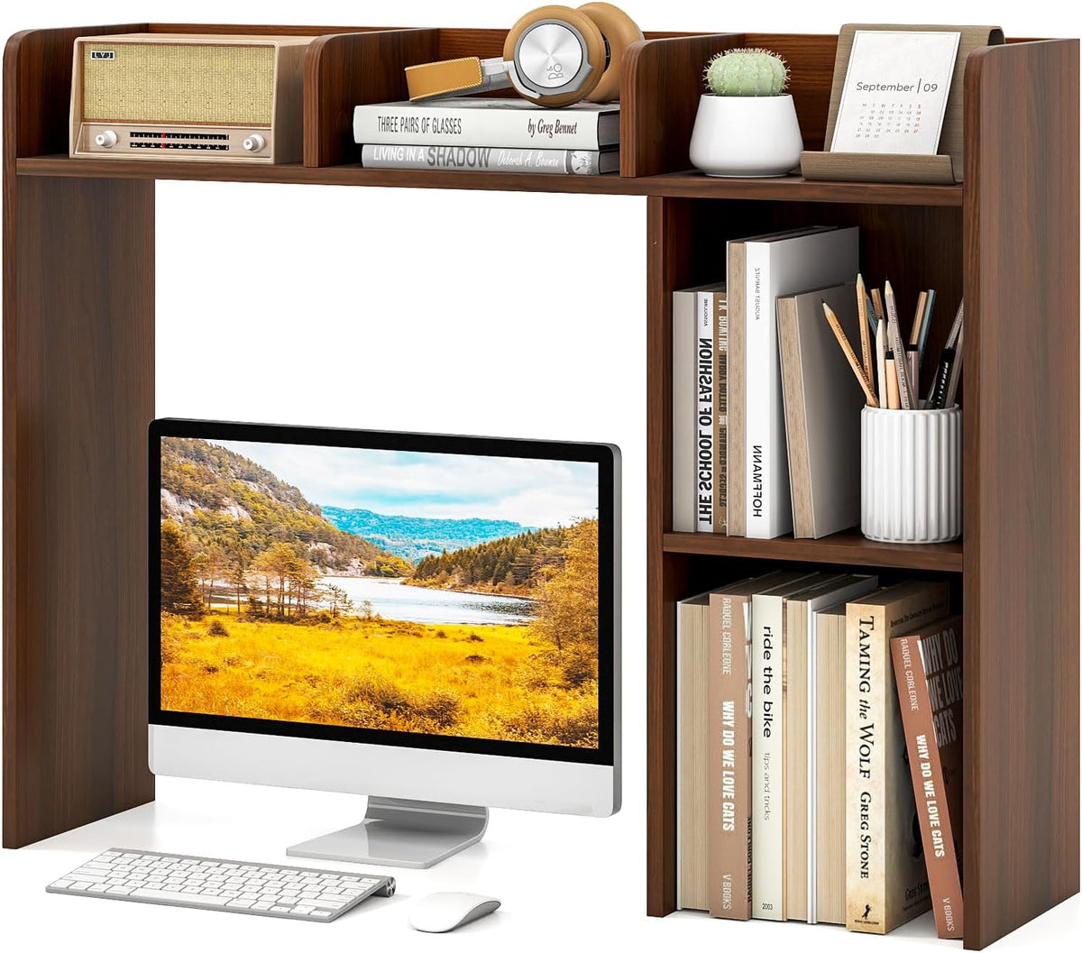 Desktop Bookshelf, Countertop Storage Hutch with 5 Shelves for Computer Desk, Desk 3-Tier Display Rack, Multipurpose Wood Desktop Hutch Storage Organizer for Dorm Office Home