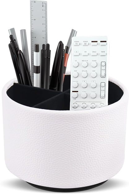 Round Leather Art Supply Organizer,Remote Control Holder,360 Degree Rotating,Multi-Functional Pencil Holder,4 Compartments Desktop Stationary Organizer(1-Blue Bird) - Colors B
