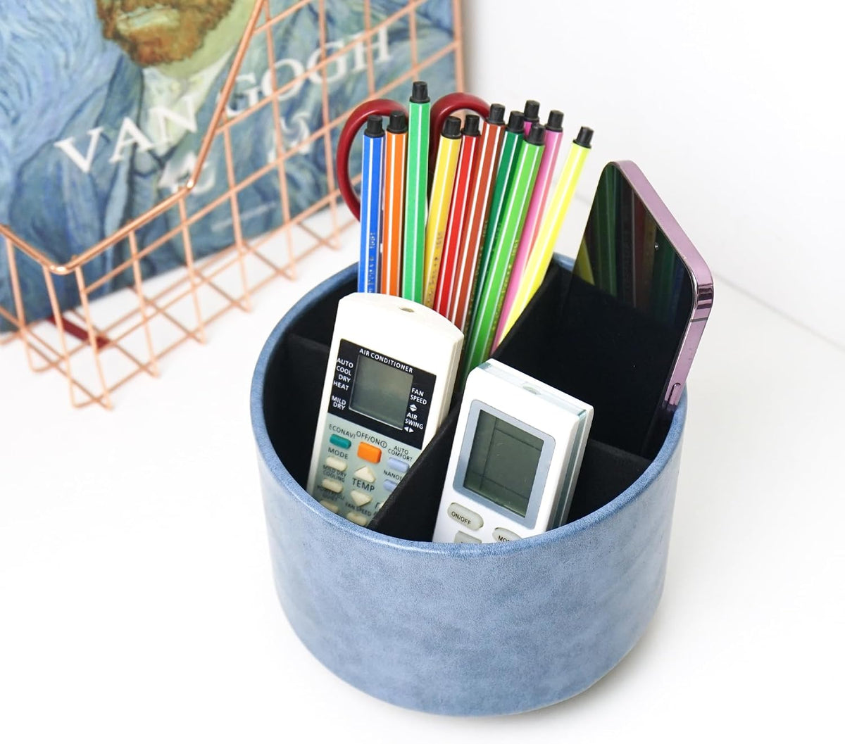 Round Leather Art Supply Organizer,Remote Control Holder,360 Degree Rotating,Multi-Functional Pencil Holder,4 Compartments Desktop Stationary Organizer(1-Blue Bird) - Colors B