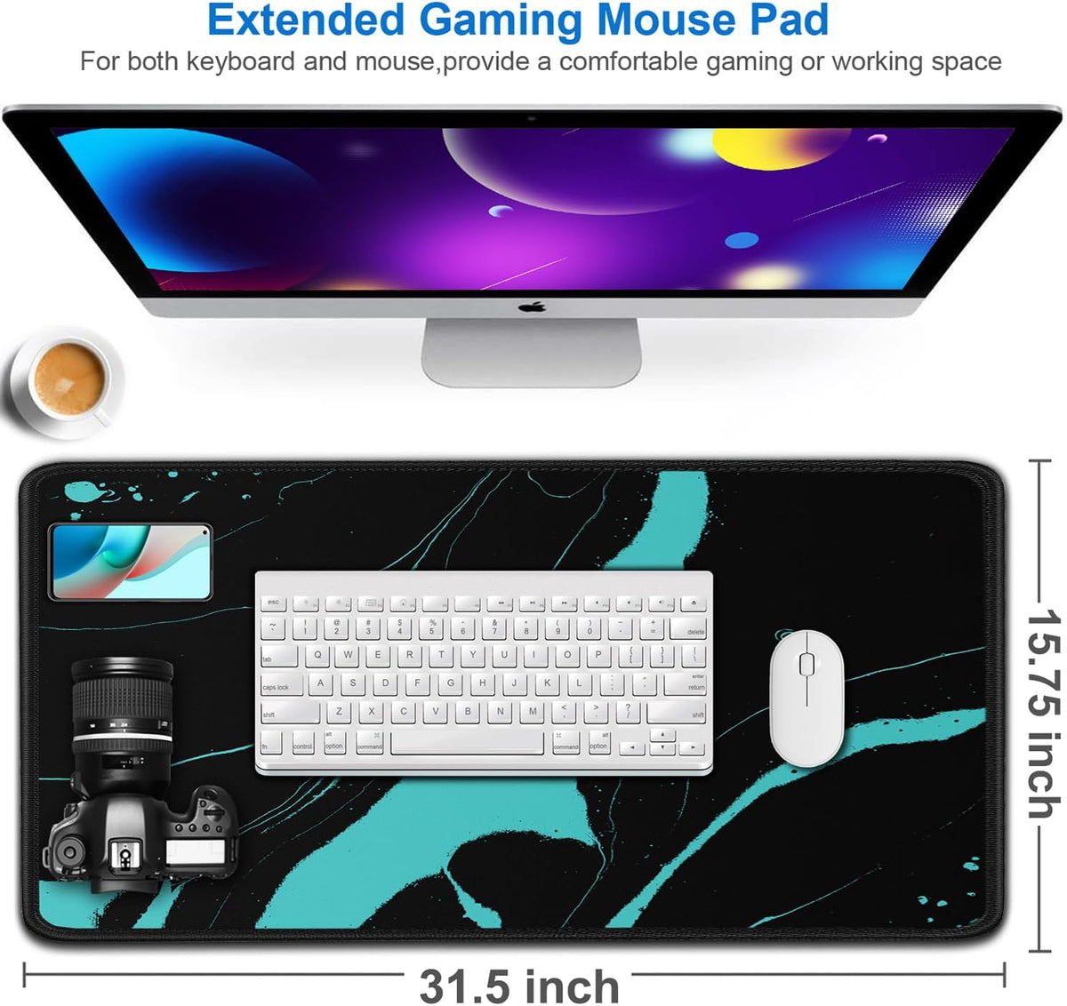 Large Gaming Mouse Pad, 31.5x15.7 inch Large Extended Computer Keyboard Mouse Mat, Water Resist Non-Slip Mousepad Rubber Base Long XXL Desk Mouse Pad for Work & Gaming, Office & Home, Black