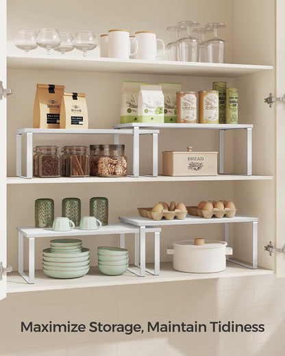 SONGMICS Cabinet Organizer Shelf, Set of 4 Kitchen Counter Shelves, Kitchen Storage, Spice Rack, Stackable, Expandable, Metal and Engineered Wood, Cloud White and Natural Beige UKCS010N01