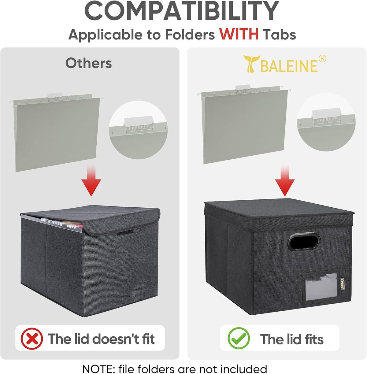 BALEINE File Organizer Box with Lid, Collapsible File Folder Organizer with Plastic Slide, Hanging File Folder Box for Office Document Storage (Black)