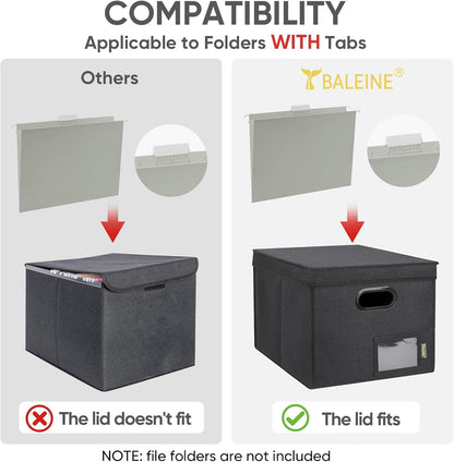 BALEINE File Organizer Box with Lid, Collapsible File Folder Organizer with Plastic Slide, Hanging File Folder Box for Office Document Storage (Black)