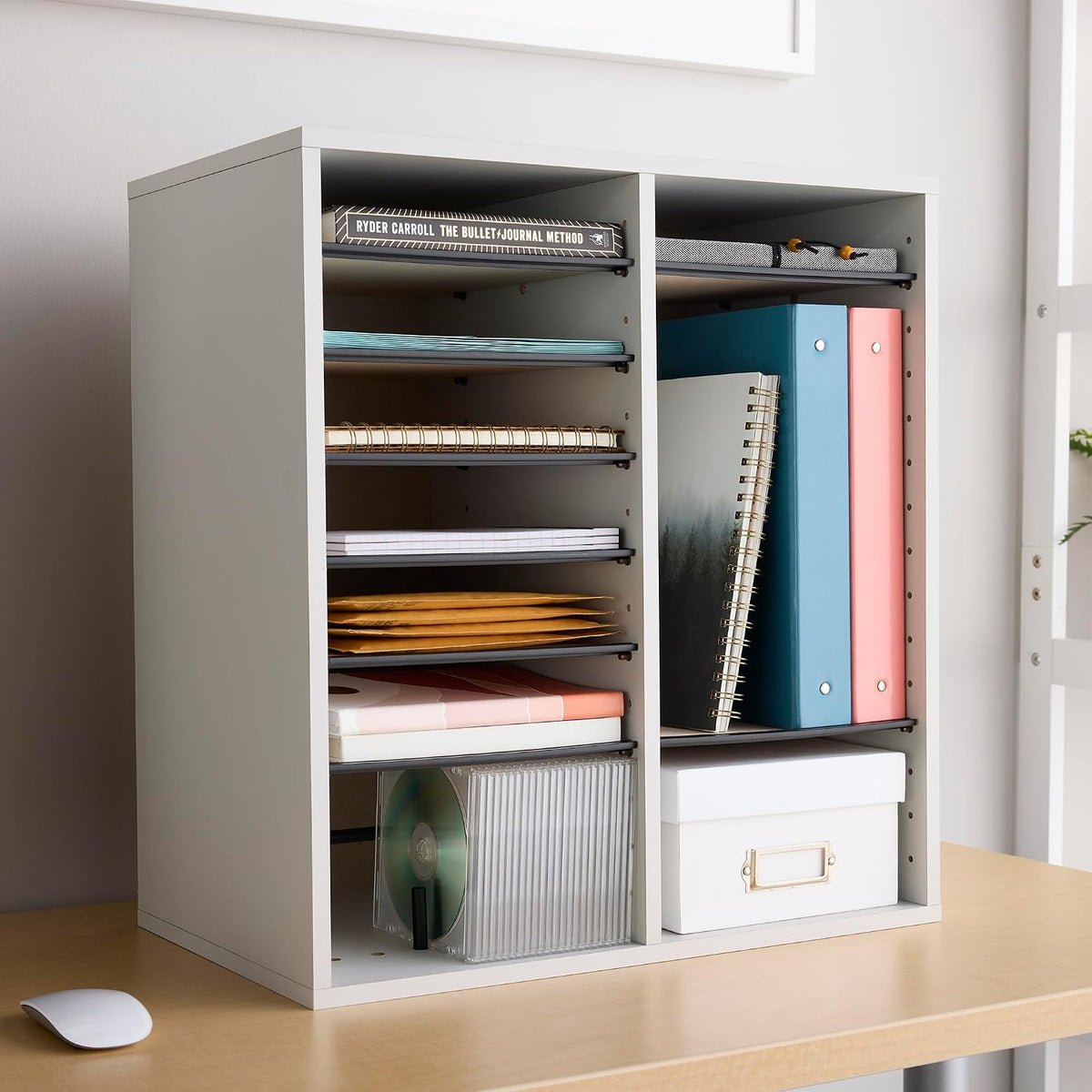 Safco 9422GR Wood Adjustable Literature & Paper Organizer, 16 Adjustable Compratment, Stackable Durable Construction, Home, Office, Mailroom, Classroom Mailbox , Gray