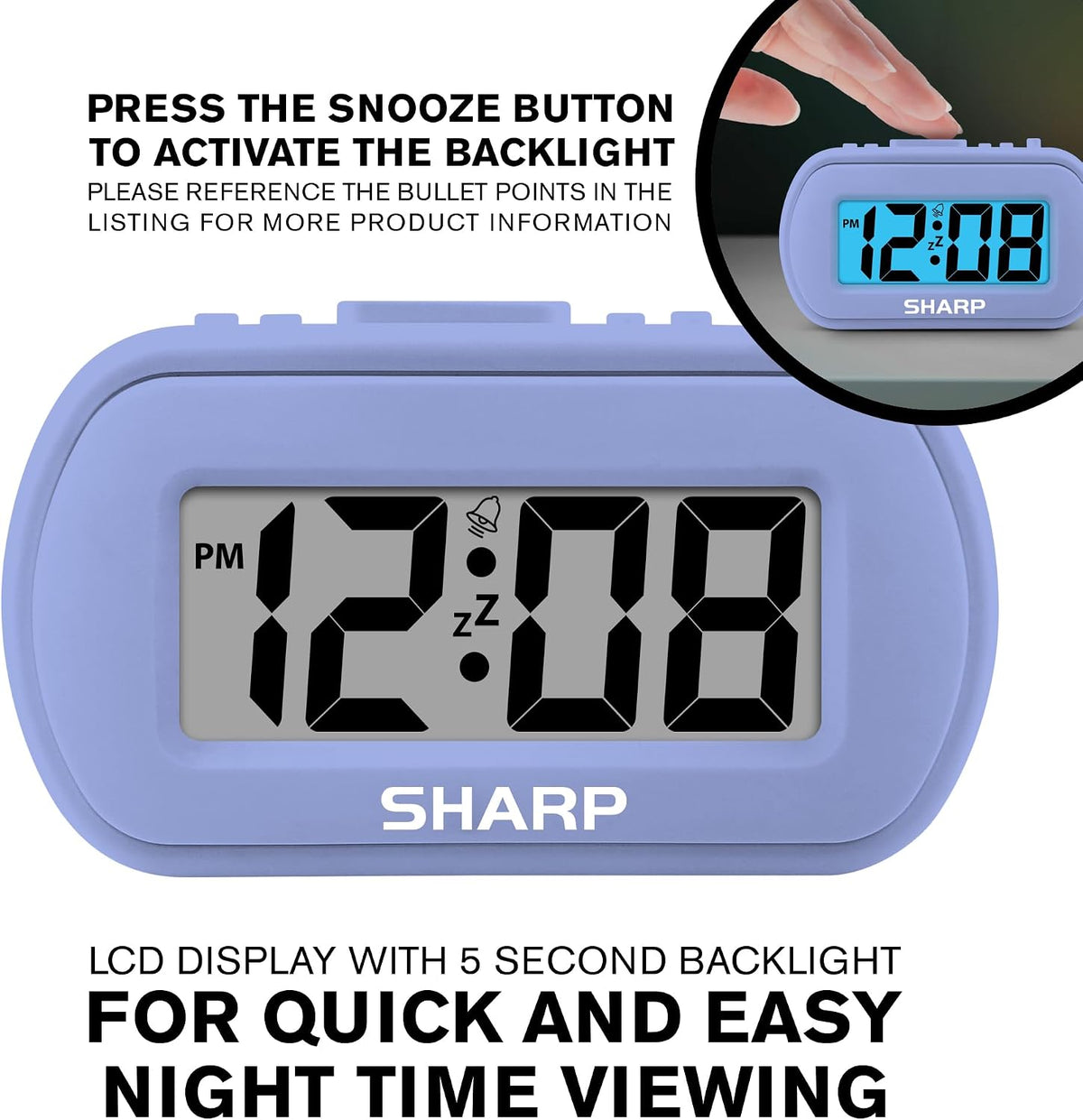 Sharp Digital Alarm Clock – Tactile Plastic Case with Soft Rubberized Finish - Battery Operated – Blue Backlight on Demand – Ascending Alarm – Easy to Use – Charcoal Black