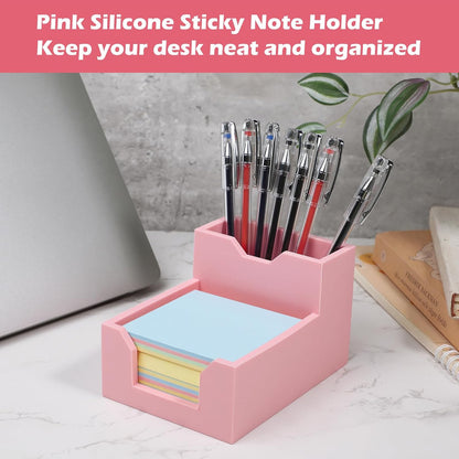 Black Sticky Note Holder, Silicone Memo Holder with Pen or Card Slots, Sticky Note Dispenser, Fits 3x3 Inches Sticky Notes